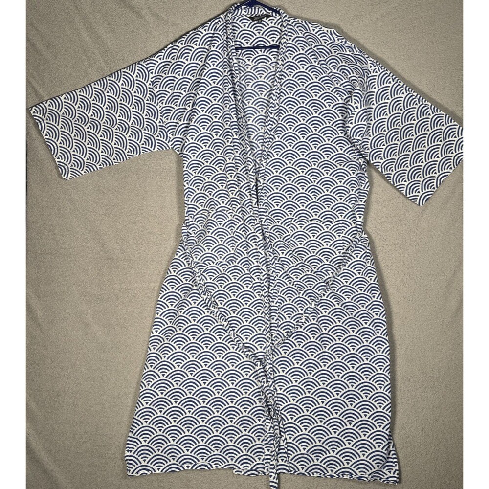 Susannah Robe Women’s O/S Seigaiha Blue White Geometric Waves Organic Cotton